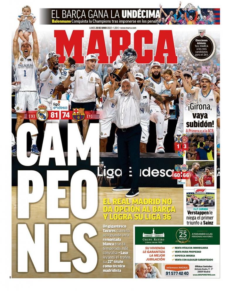 montaje Roble Cervecería PORTADA | Marca, con la victoria del Real Madrid en ACB: "CAMPEONES"