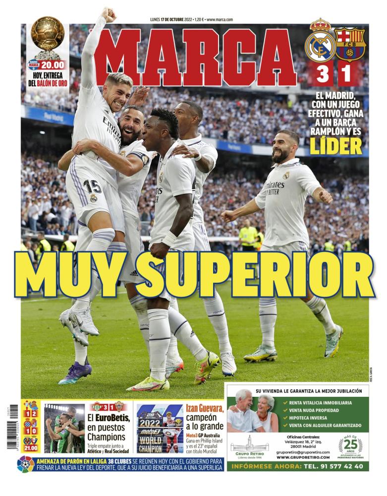 PORTADA | Marca, sobre la victoria del Real Madrid en el clásico: superior"
